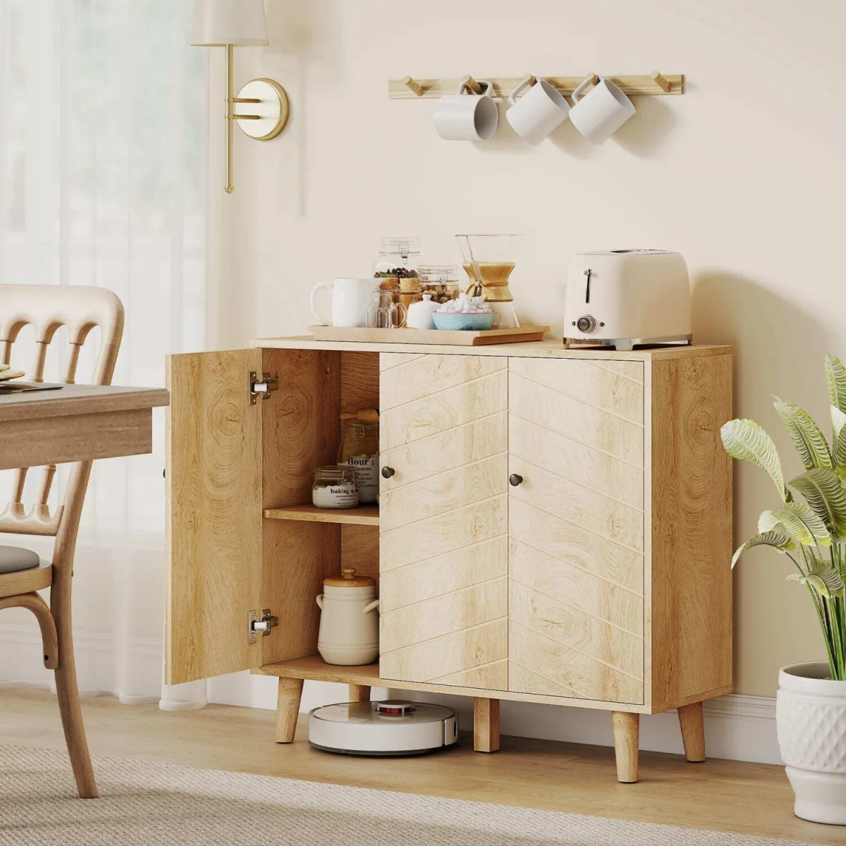 Lurodo Natural Wood-Effect Sideboard with Chevron Doors, 3-Door – image 4