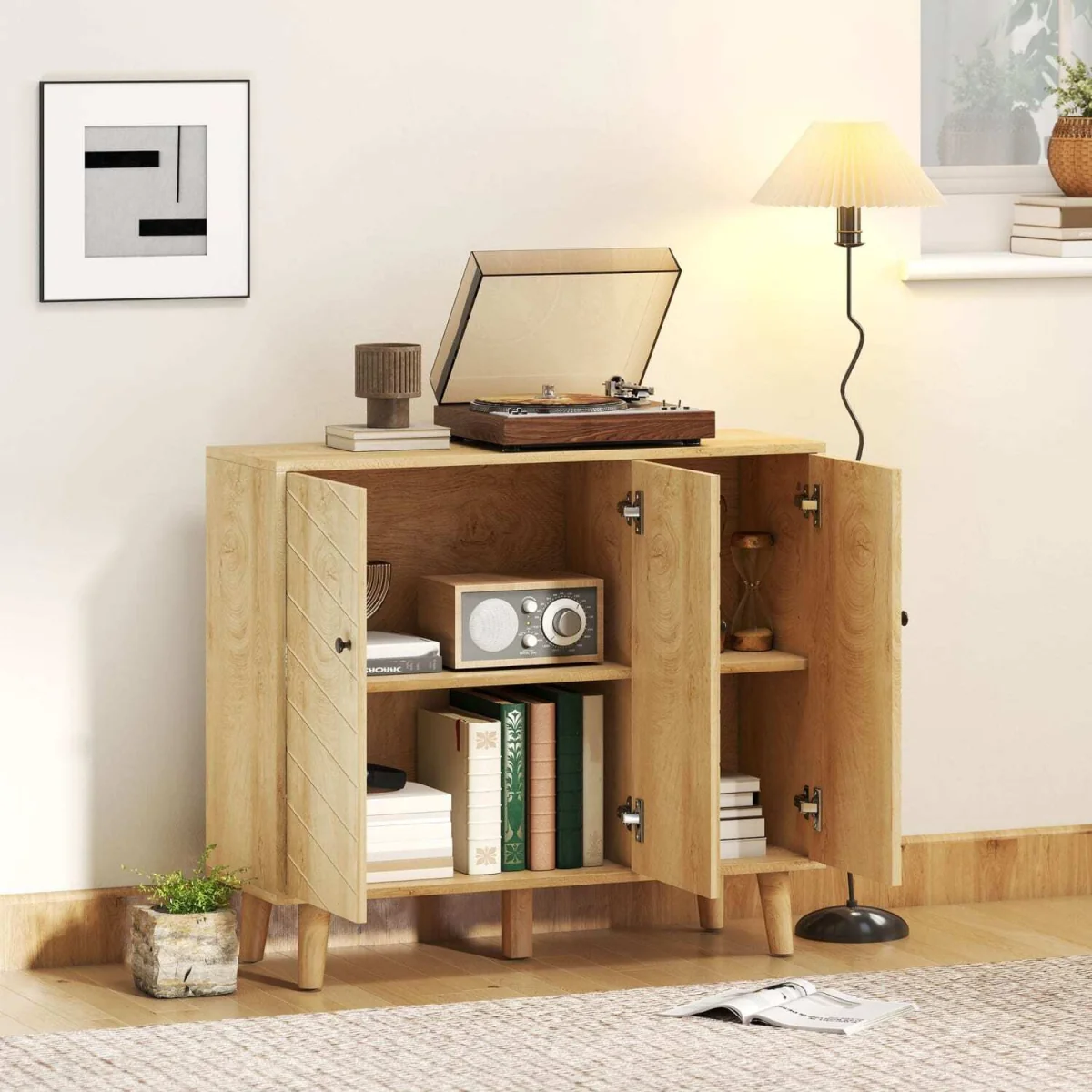 Lurodo Natural Wood-Effect Sideboard with Chevron Doors, 3-Door – image 8