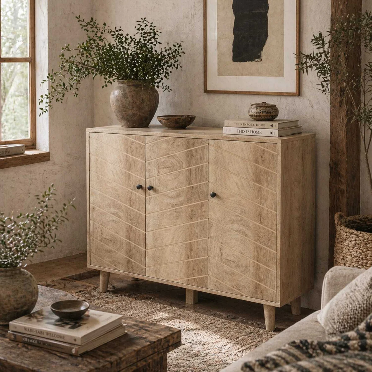 Lurodo Natural Wood-Effect Sideboard with Chevron Doors, 3-Door – image 1