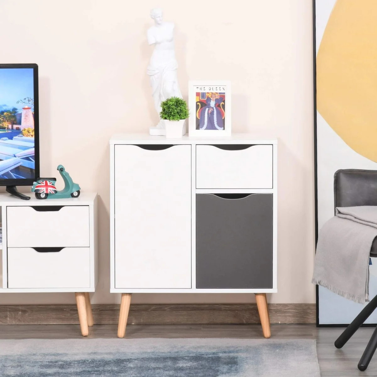 Suyopa Grey Sideboard 1 Drawer 2 Doors Solid Wood Legs – image 3