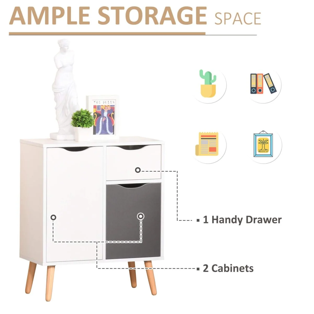 Suyopa Grey Sideboard 1 Drawer 2 Doors Solid Wood Legs – image 6