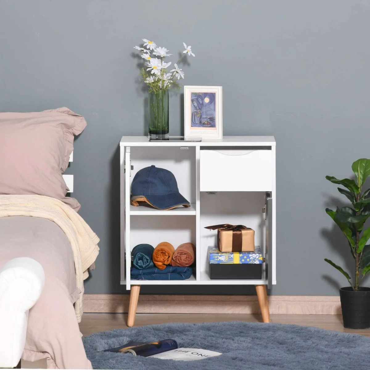 Suyopa Grey Sideboard 1 Drawer 2 Doors Solid Wood Legs – image 8