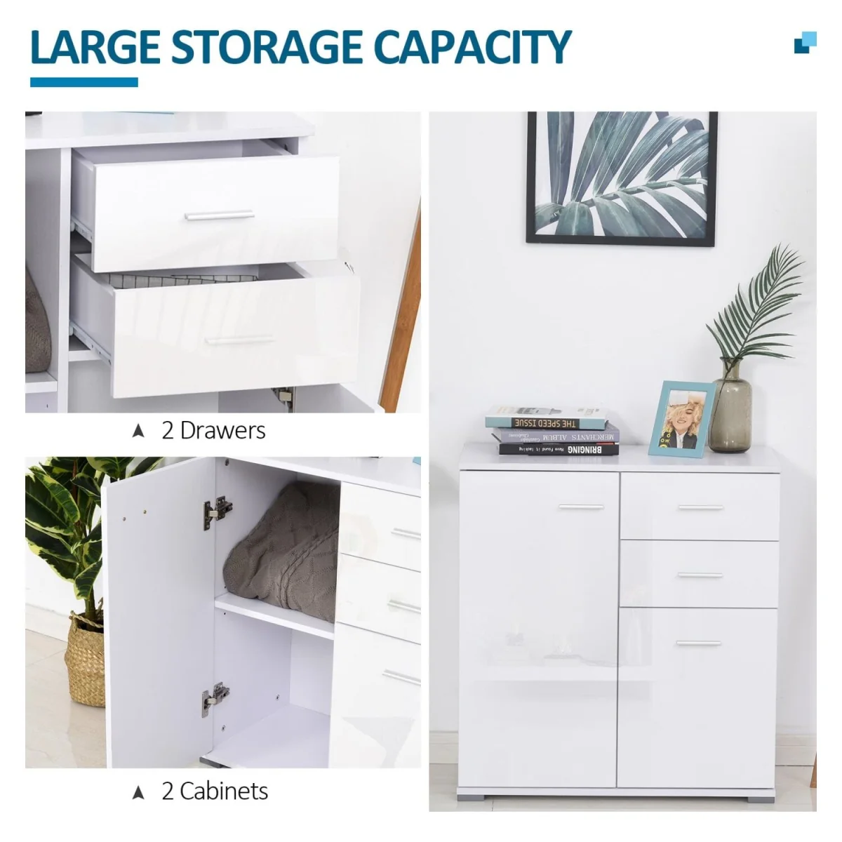 Lodino High Gloss White Sideboard - 2 Drawers, 2 Doors, Adjustable Shelves – image 7