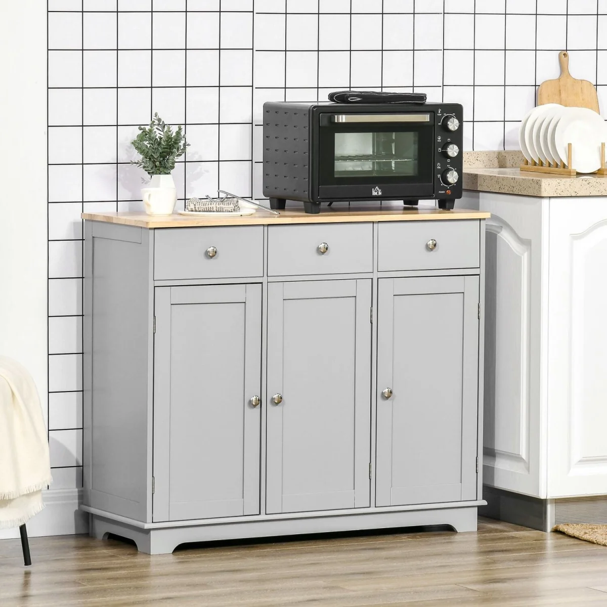 Totoro Grey Sideboard with Natural Rubberwood Top, 3 Doors 3 Drawers 3 Shelves – image 4