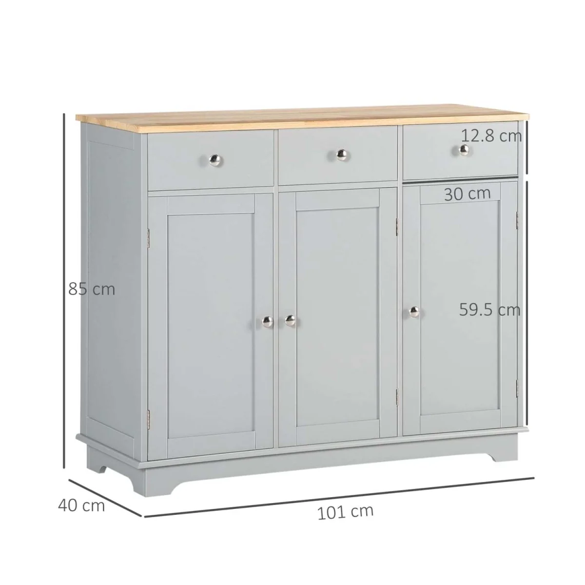 Totoro Grey Sideboard with Natural Rubberwood Top, 3 Doors 3 Drawers 3 Shelves – image 5