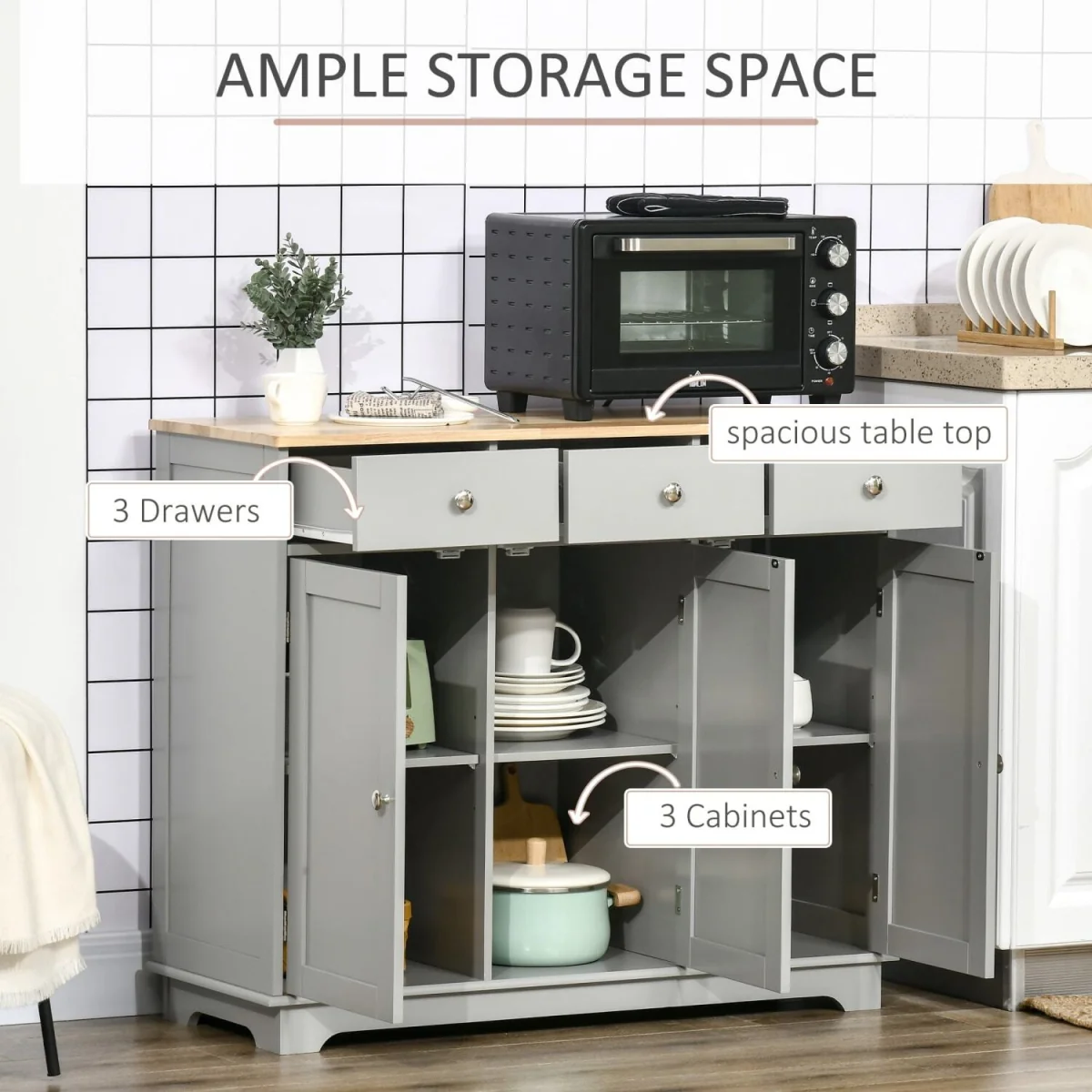 Totoro Grey Sideboard with Natural Rubberwood Top, 3 Doors 3 Drawers 3 Shelves – image 6