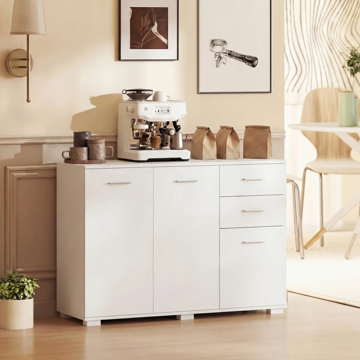 HOMCOM Sideboard Kitchen Storage Cabinet with 2 Drawers - White / Aluminium / 24.5kg – image 3