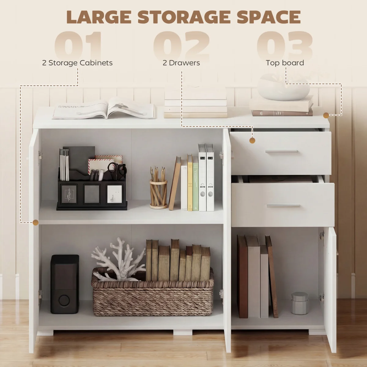 HOMCOM Sideboard Kitchen Storage Cabinet with 2 Drawers - White / Aluminium / 24.5kg – image 7