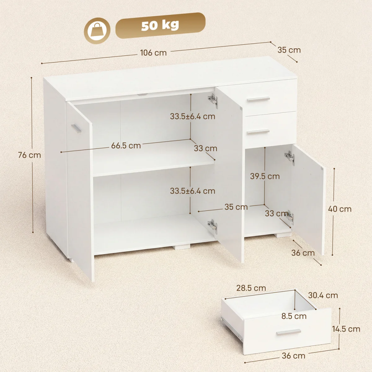 HOMCOM Sideboard Kitchen Storage Cabinet with 2 Drawers - White / Aluminium / 24.5kg – image 8