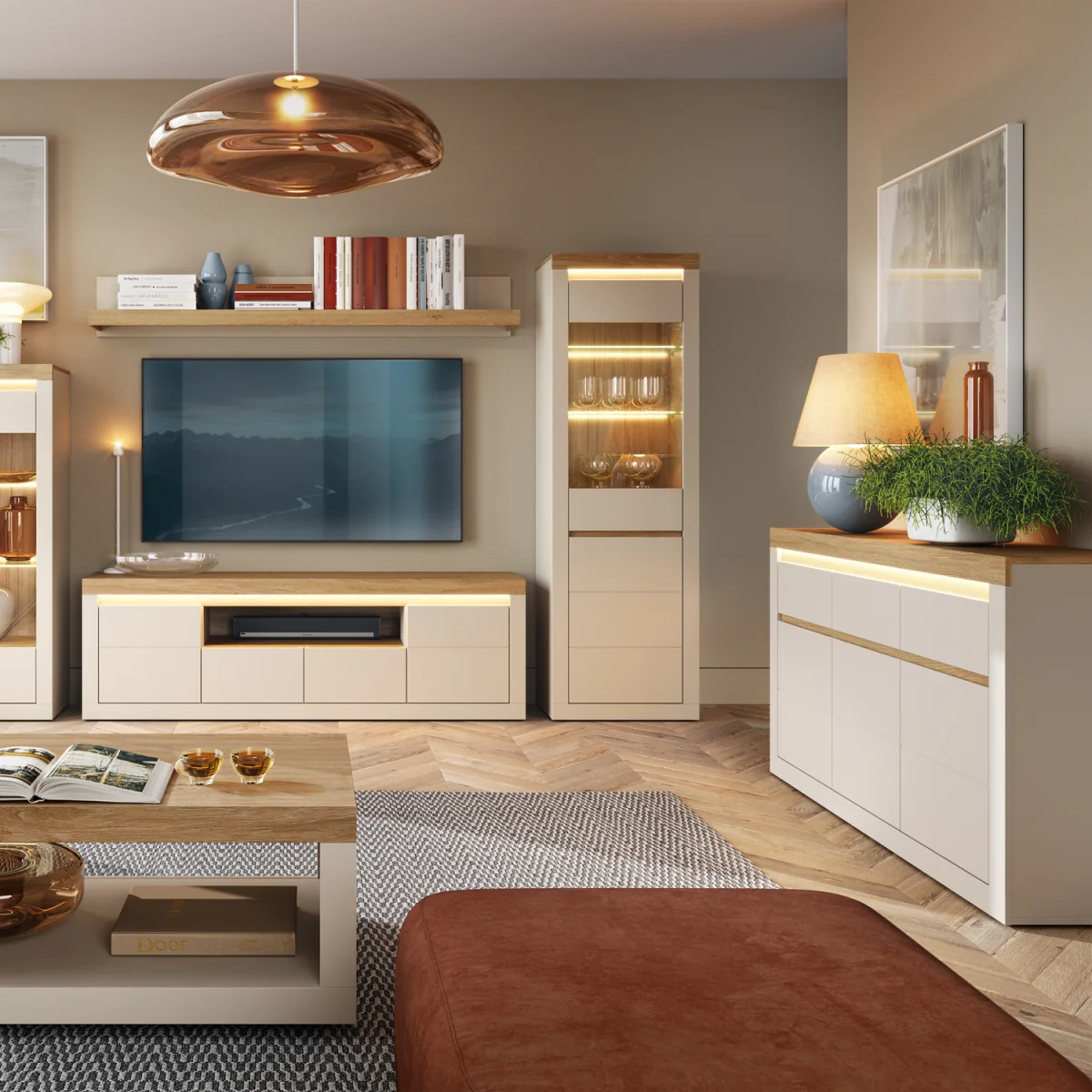 Naxxar Sideboard with 3 Doors and 3 Drawers in Cashmere and Stone Oak - Cashmere & Stone Oak – image 5