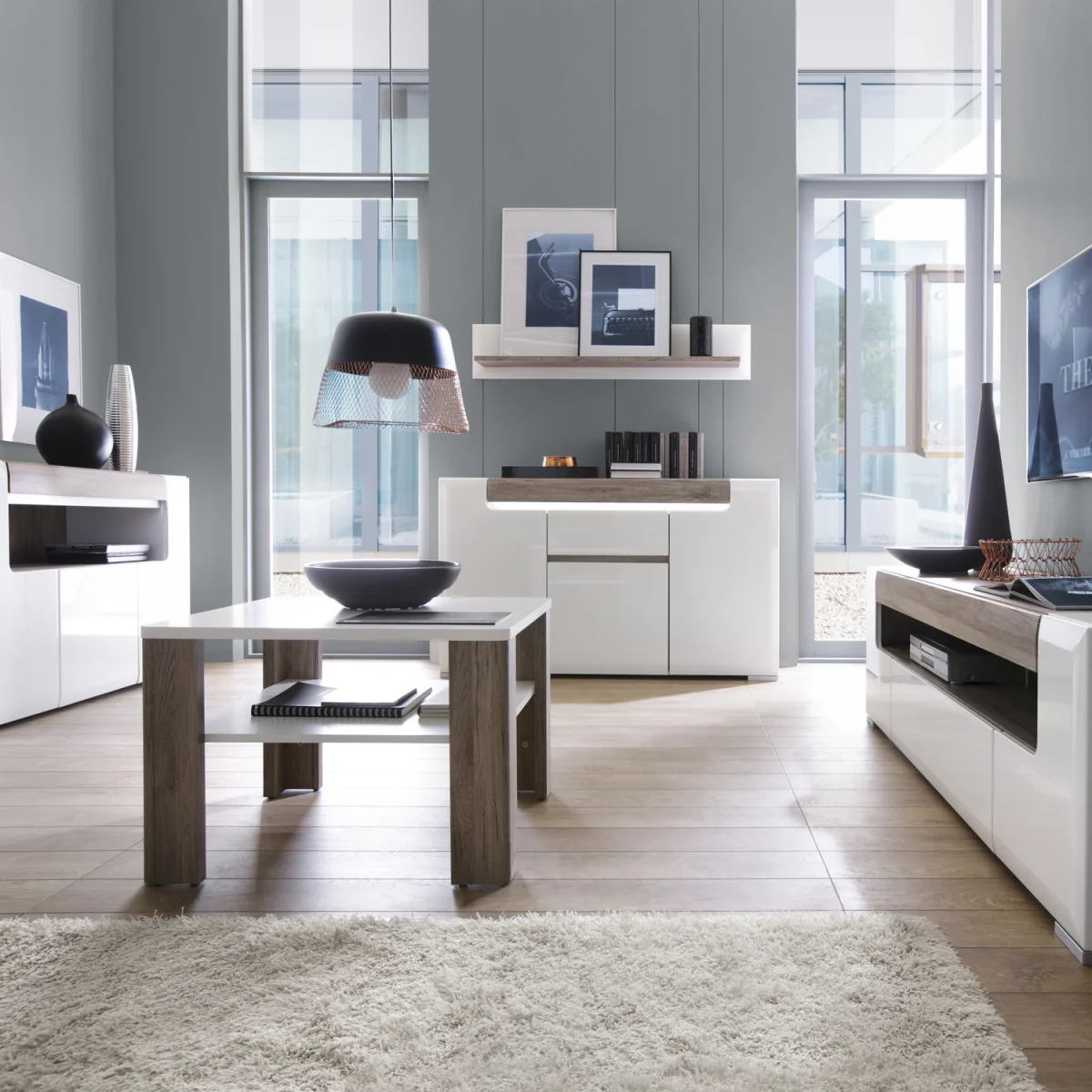 Toronto 3 Door Sideboard with open shelving (inc. Plexi Lighting) - White & Oak – image 2