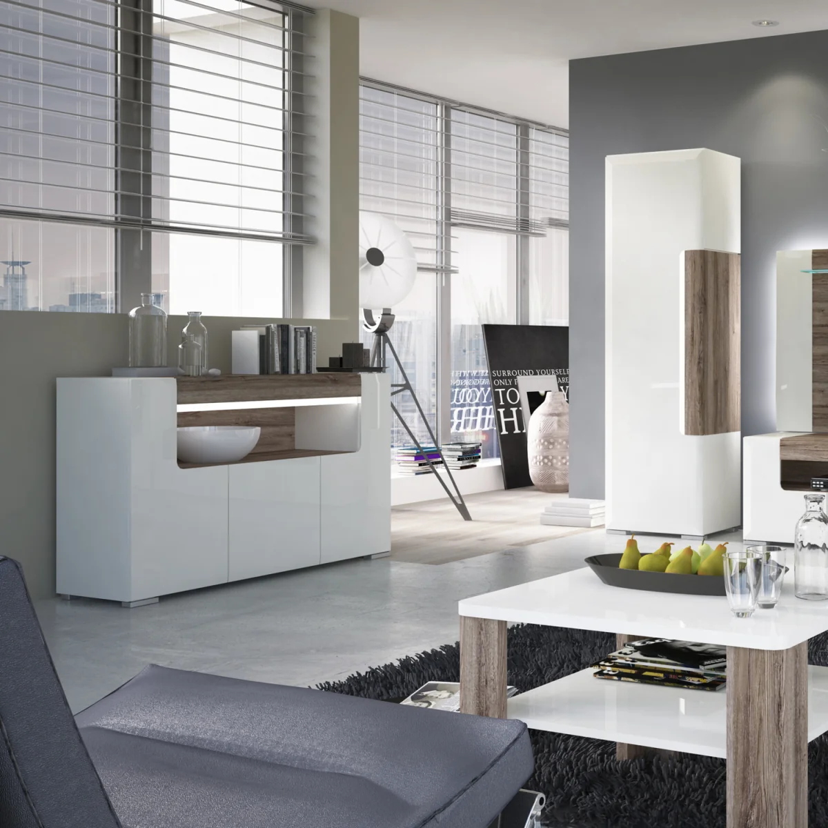 Toronto 3 Door Sideboard with open shelving (inc. Plexi Lighting) - White & Oak – image 8