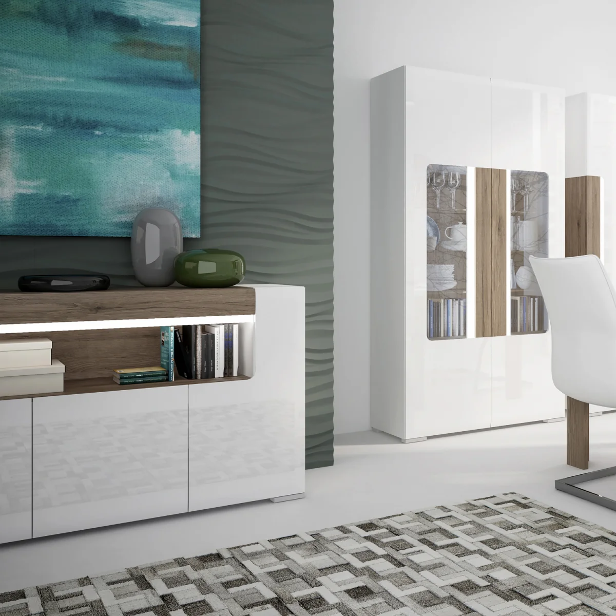 Toronto 3 Door Sideboard with open shelving (inc. Plexi Lighting) - White & Oak – image 9