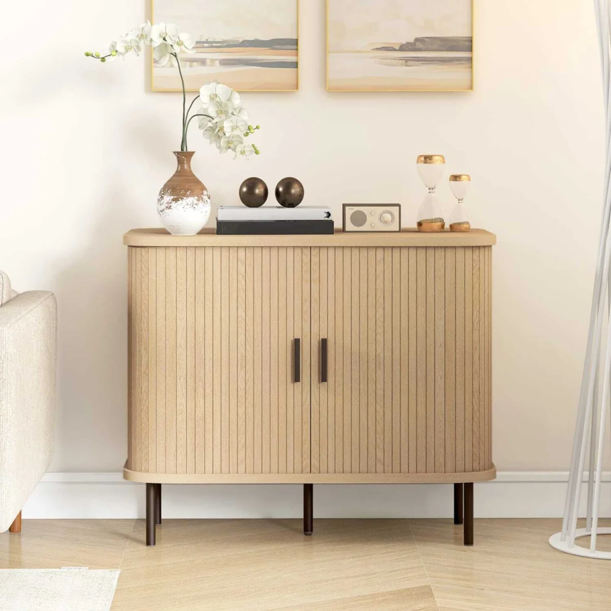 Ronoke Oak-Effect Mid-Century Sideboard - Slatted Sliding Doors, Black Metal Legs – image 2
