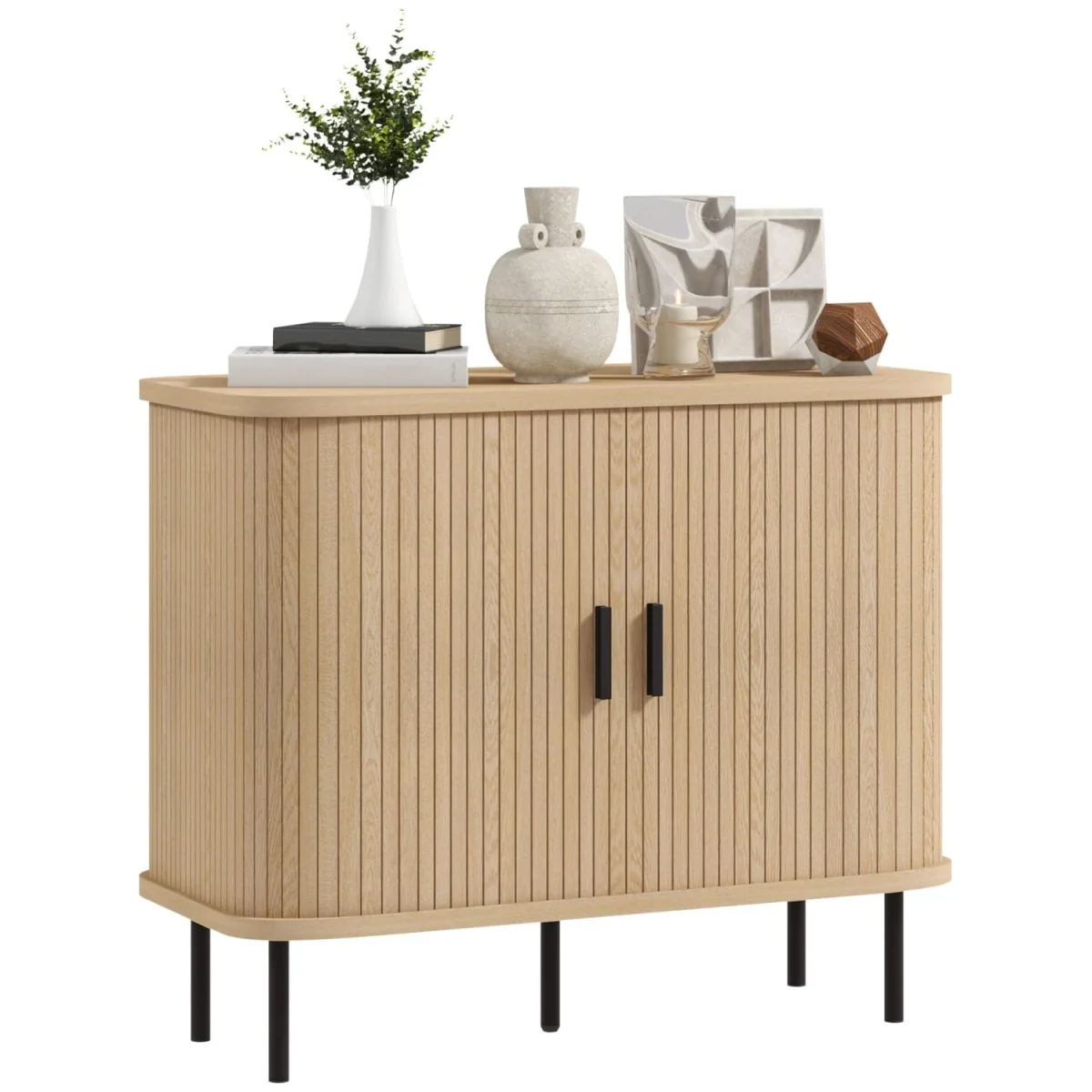 Ronoke Oak-Effect Mid-Century Sideboard - Slatted Sliding Doors, Black Metal Legs – image 3