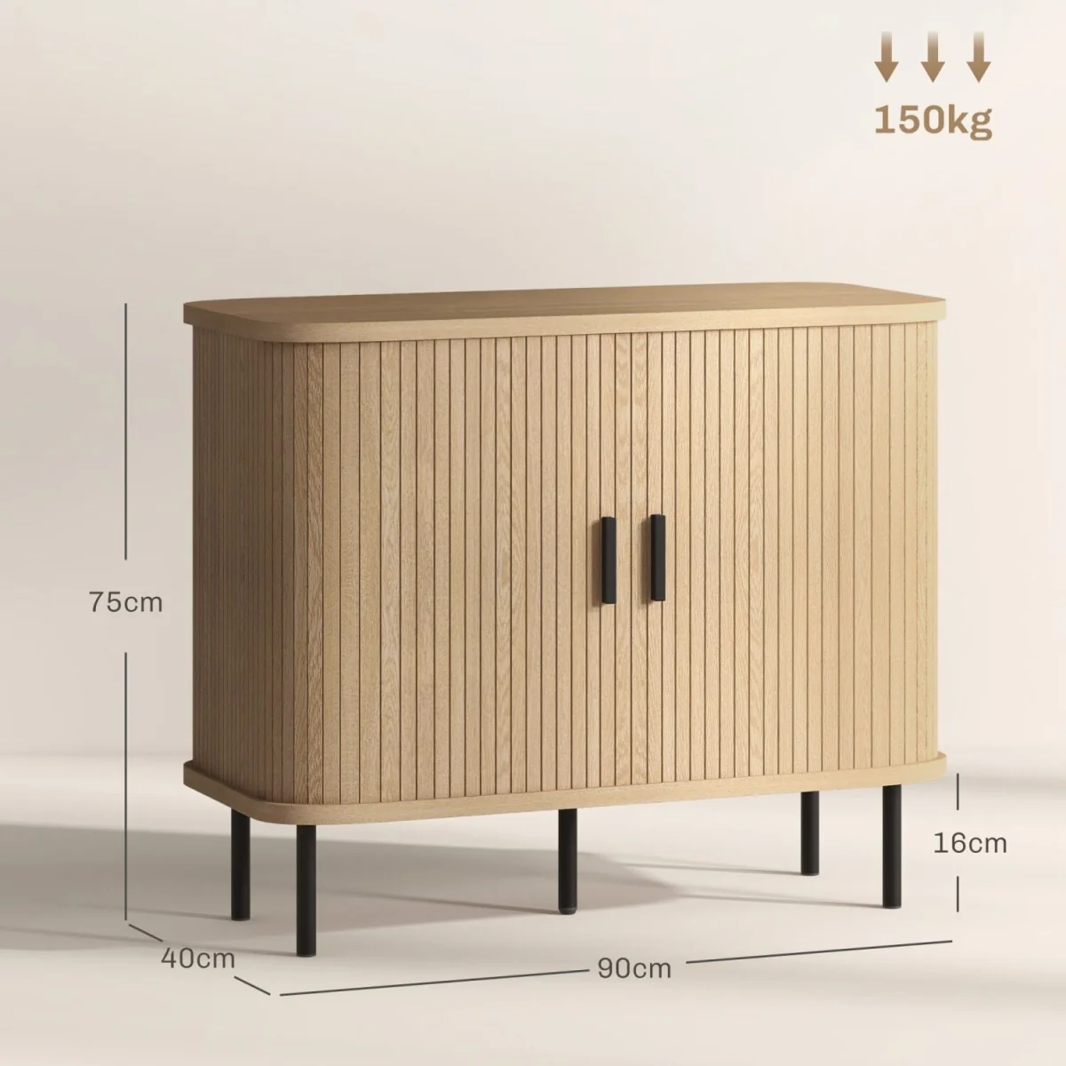 Ronoke Oak-Effect Mid-Century Sideboard - Slatted Sliding Doors, Black Metal Legs – image 4