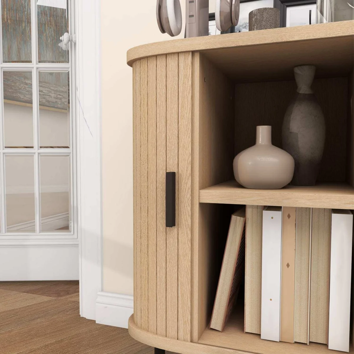 Ronoke Oak-Effect Mid-Century Sideboard - Slatted Sliding Doors, Black Metal Legs – image 8