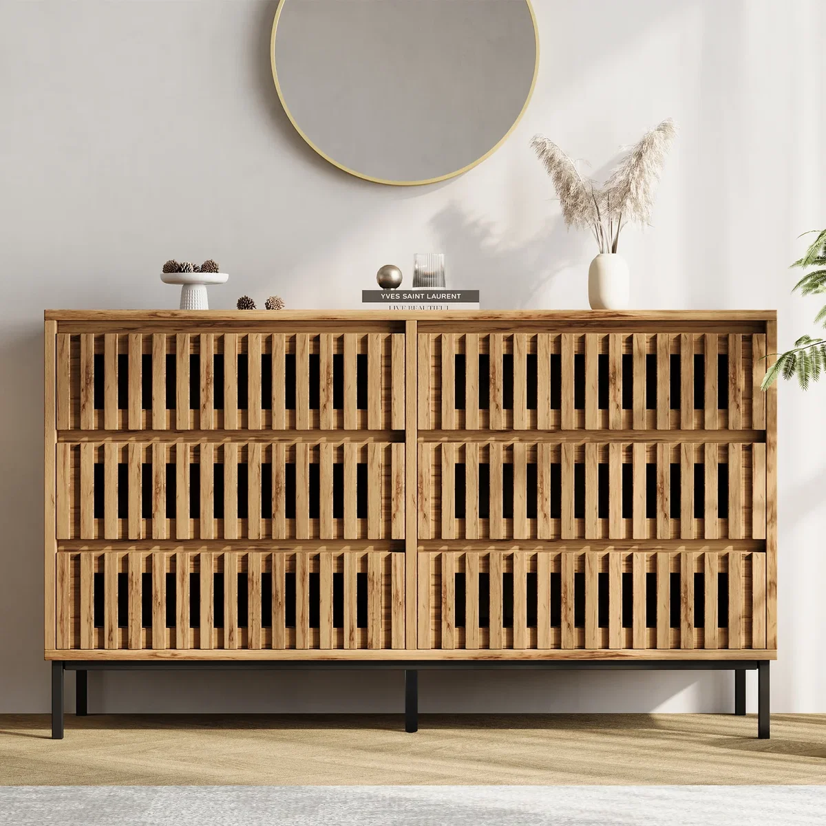 Sideboard Storage Cabinet with Openwork Design, 6 Drawers and 5 Support Legs, Wood Colour - Natural – image 2