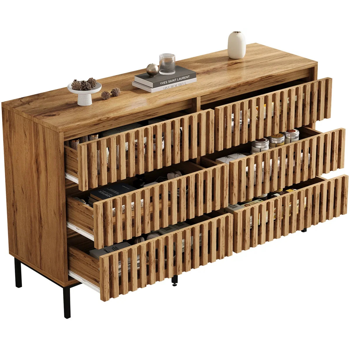 Sideboard Storage Cabinet with Openwork Design, 6 Drawers and 5 Support Legs, Wood Colour - Natural – image 3