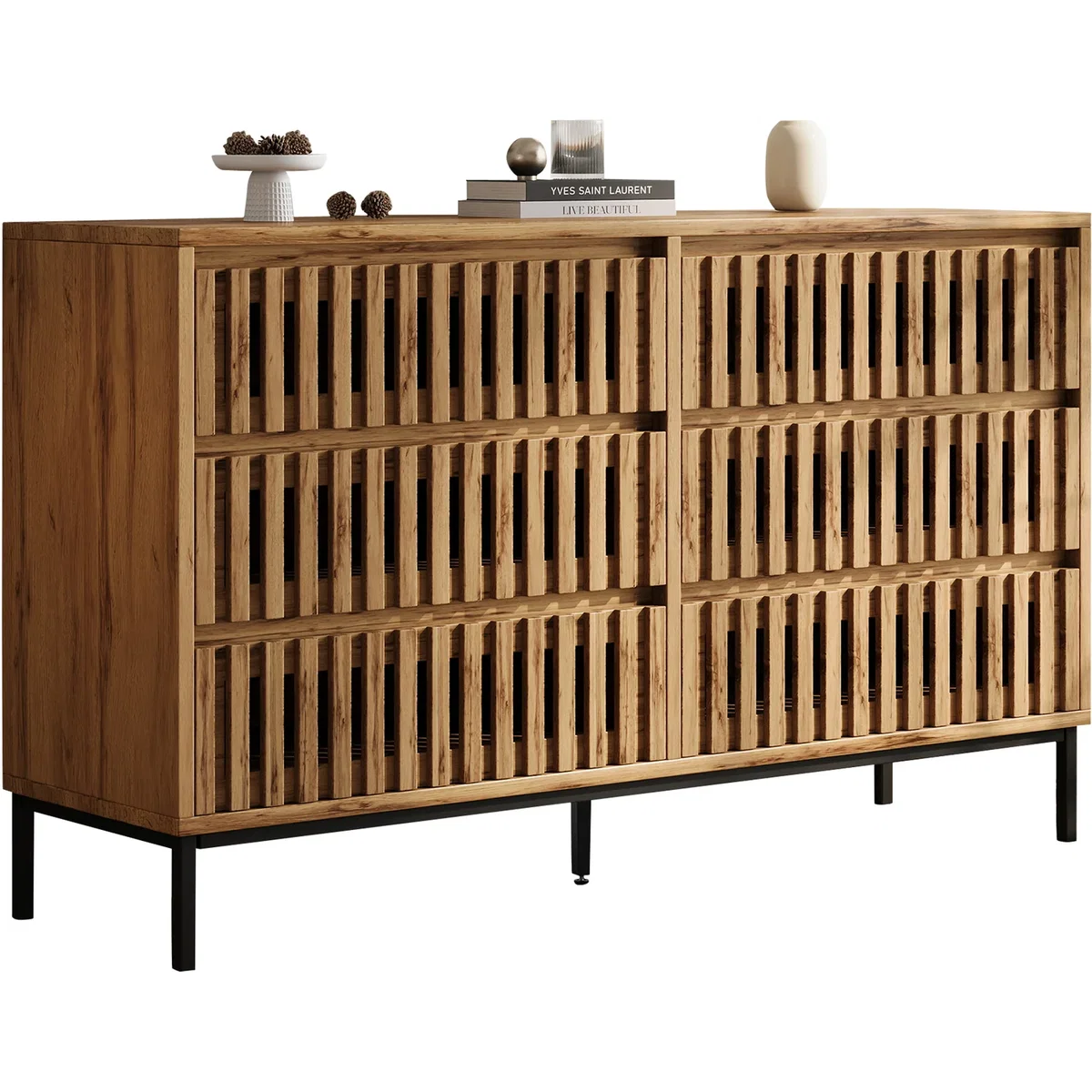 Sideboard Storage Cabinet with Openwork Design, 6 Drawers and 5 Support Legs, Wood Colour - Natural – image 4
