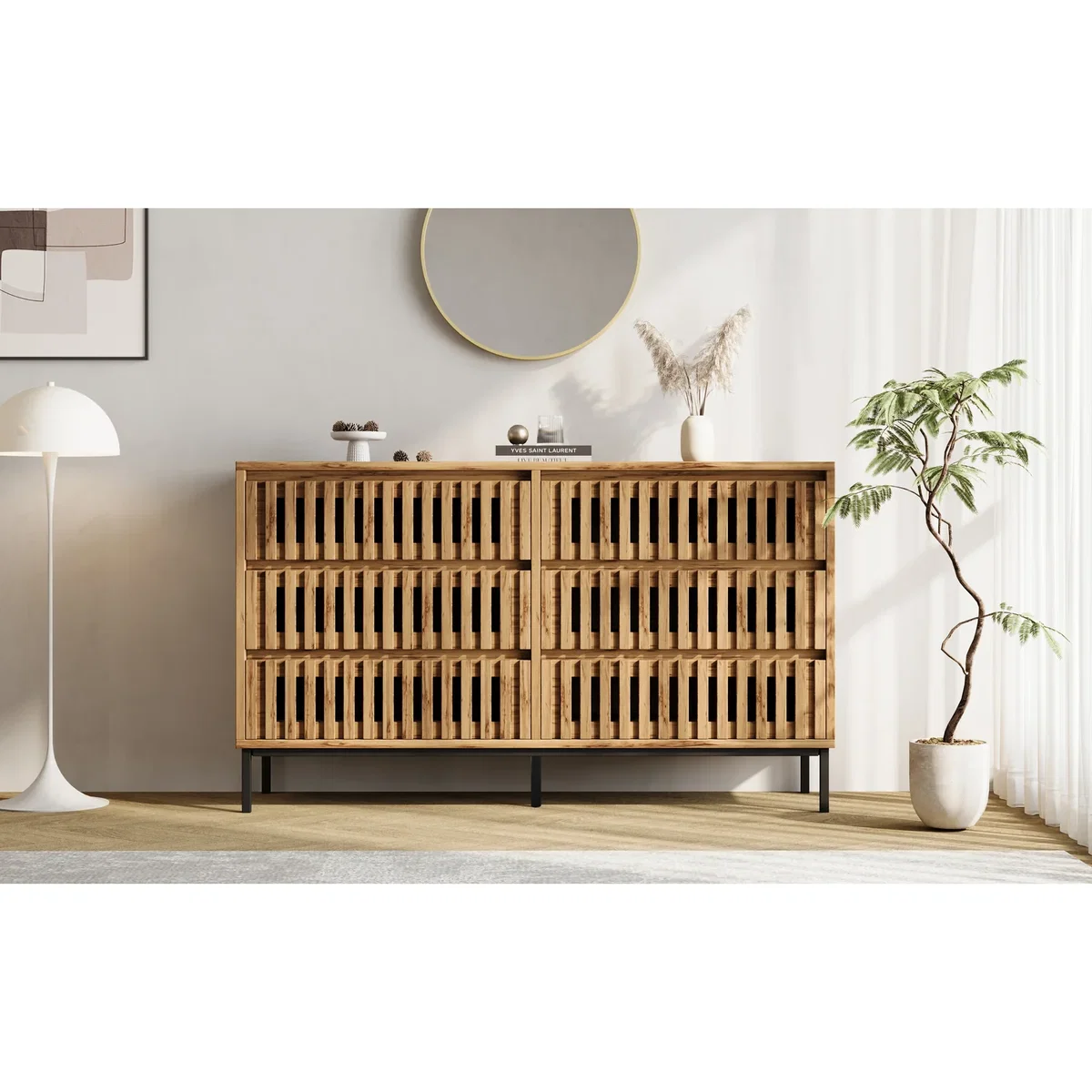 Sideboard Storage Cabinet with Openwork Design, 6 Drawers and 5 Support Legs, Wood Colour - Natural – image 5