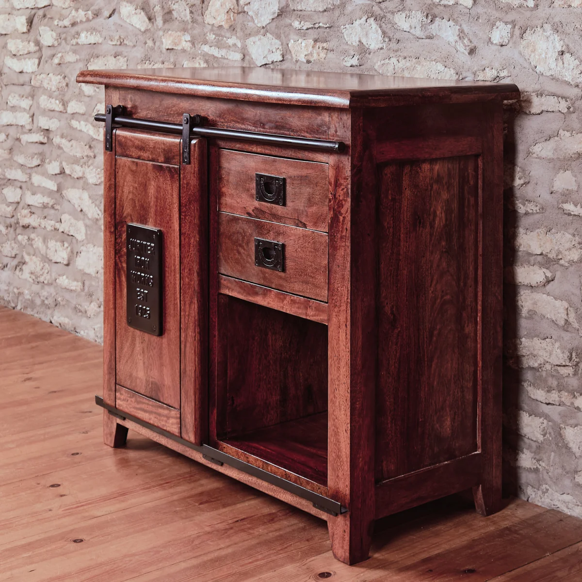 Solid Mango Wood Sideboard with Sliding Barn Door and Shelving - Brown – image 2