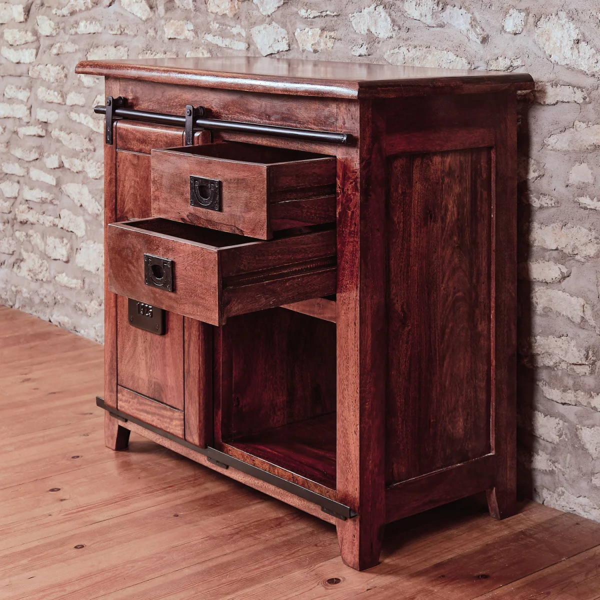 Solid Mango Wood Sideboard with Sliding Barn Door and Shelving - Brown – image 3