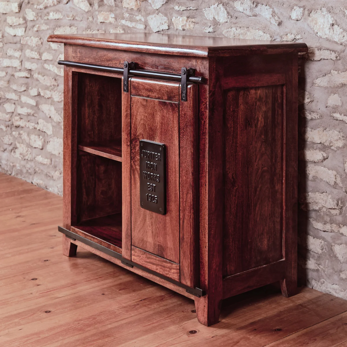 Solid Mango Wood Sideboard with Sliding Barn Door and Shelving - Brown – image 4