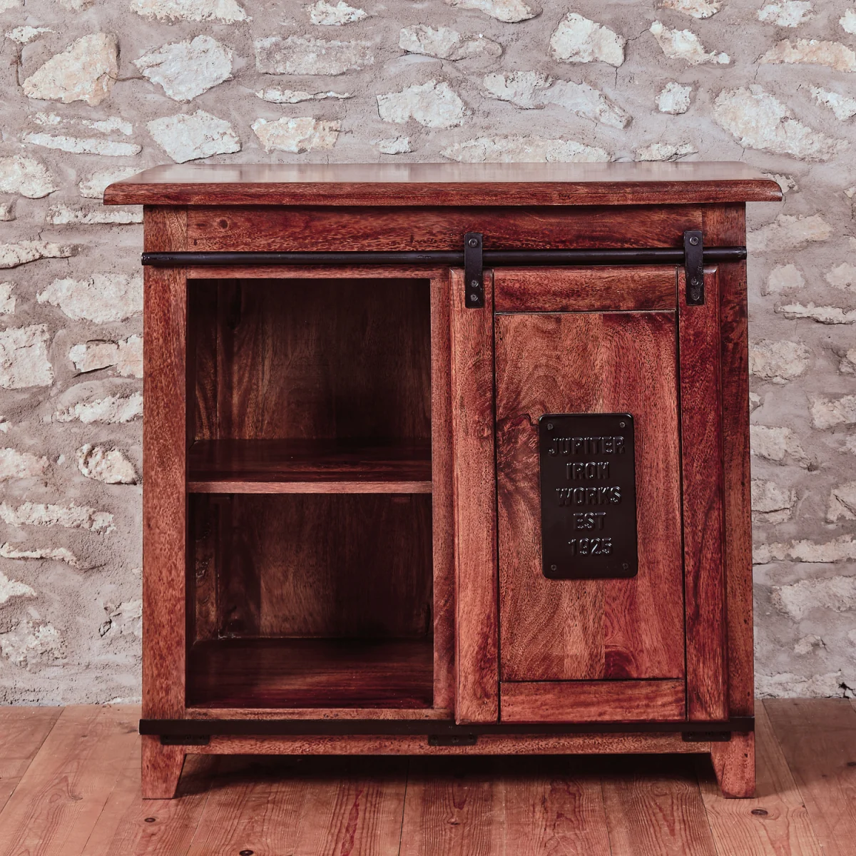 Solid Mango Wood Sideboard with Sliding Barn Door and Shelving - Brown – image 5