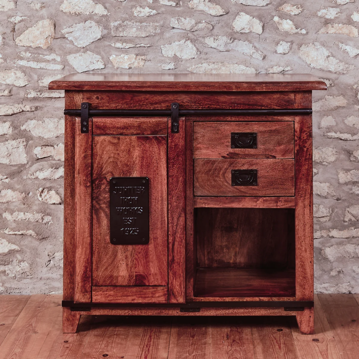 Solid Mango Wood Sideboard with Sliding Barn Door and Shelving - Brown – image 1