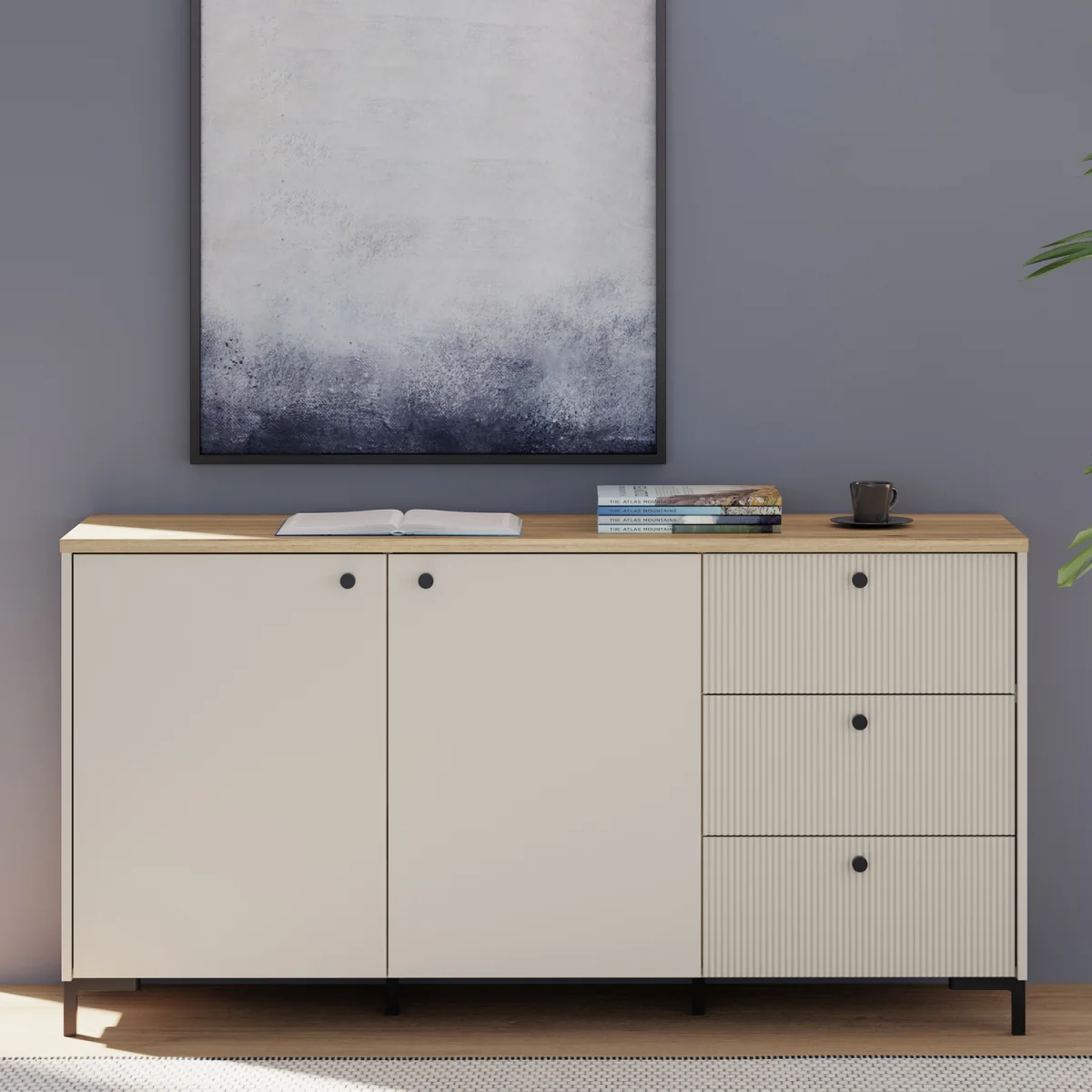 Bixbite Wide Sideboard with Fluted Drawers & Cupboard in Mauvella Oak and Sand - Mauvella Oak & Sand – image 6