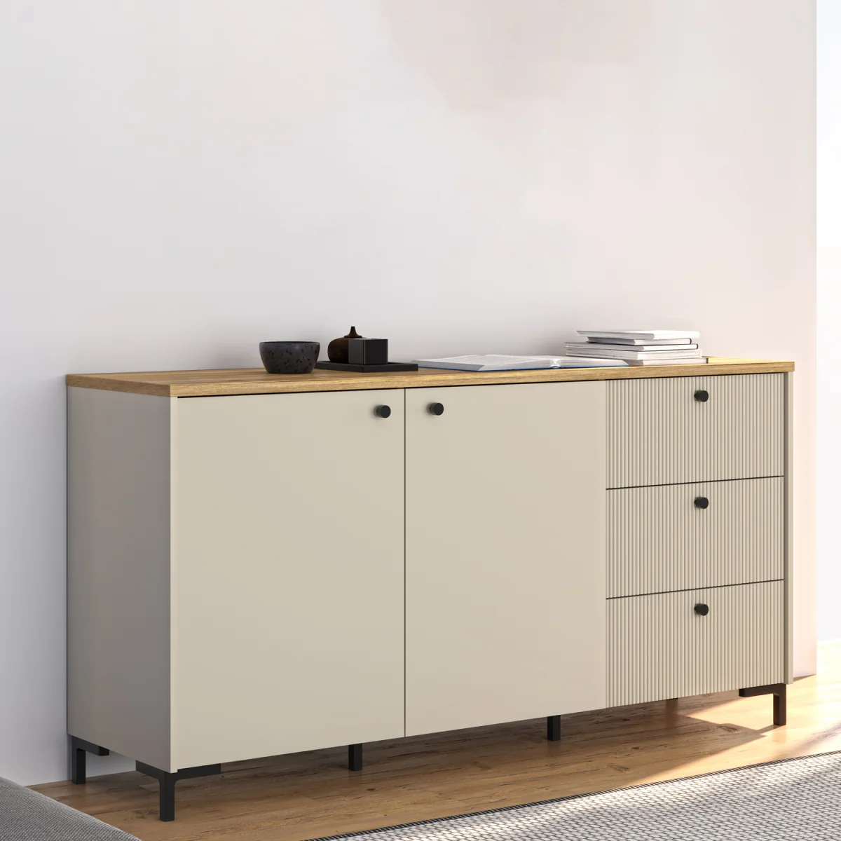 Bixbite Wide Sideboard with Fluted Drawers & Cupboard in Mauvella Oak and Sand - Mauvella Oak & Sand – image 7