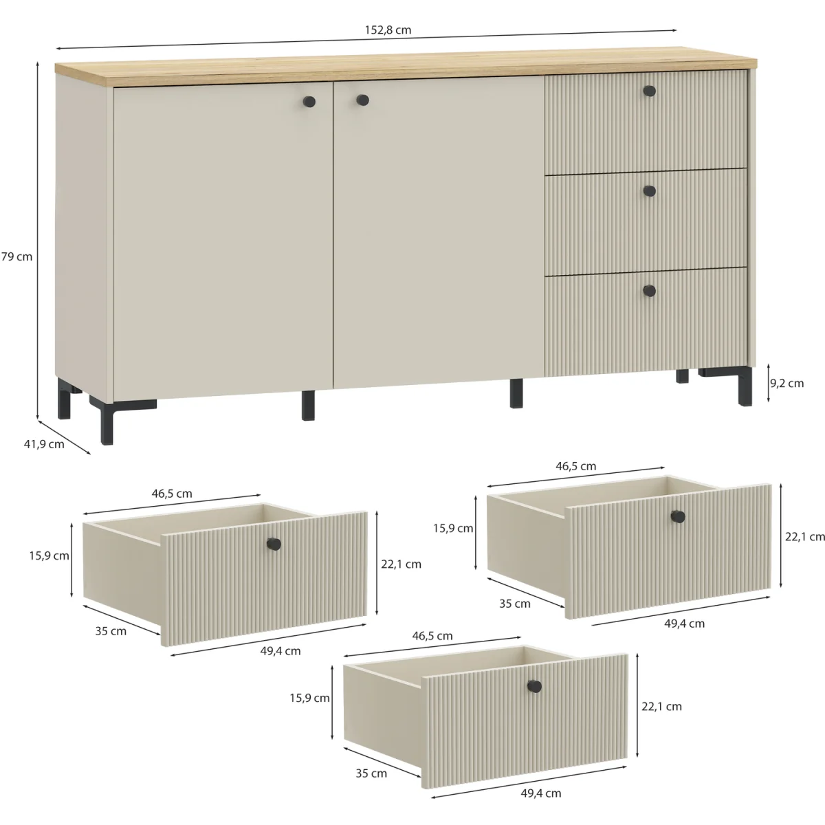 Bixbite Wide Sideboard with Fluted Drawers & Cupboard in Mauvella Oak and Sand - Mauvella Oak & Sand – image 8