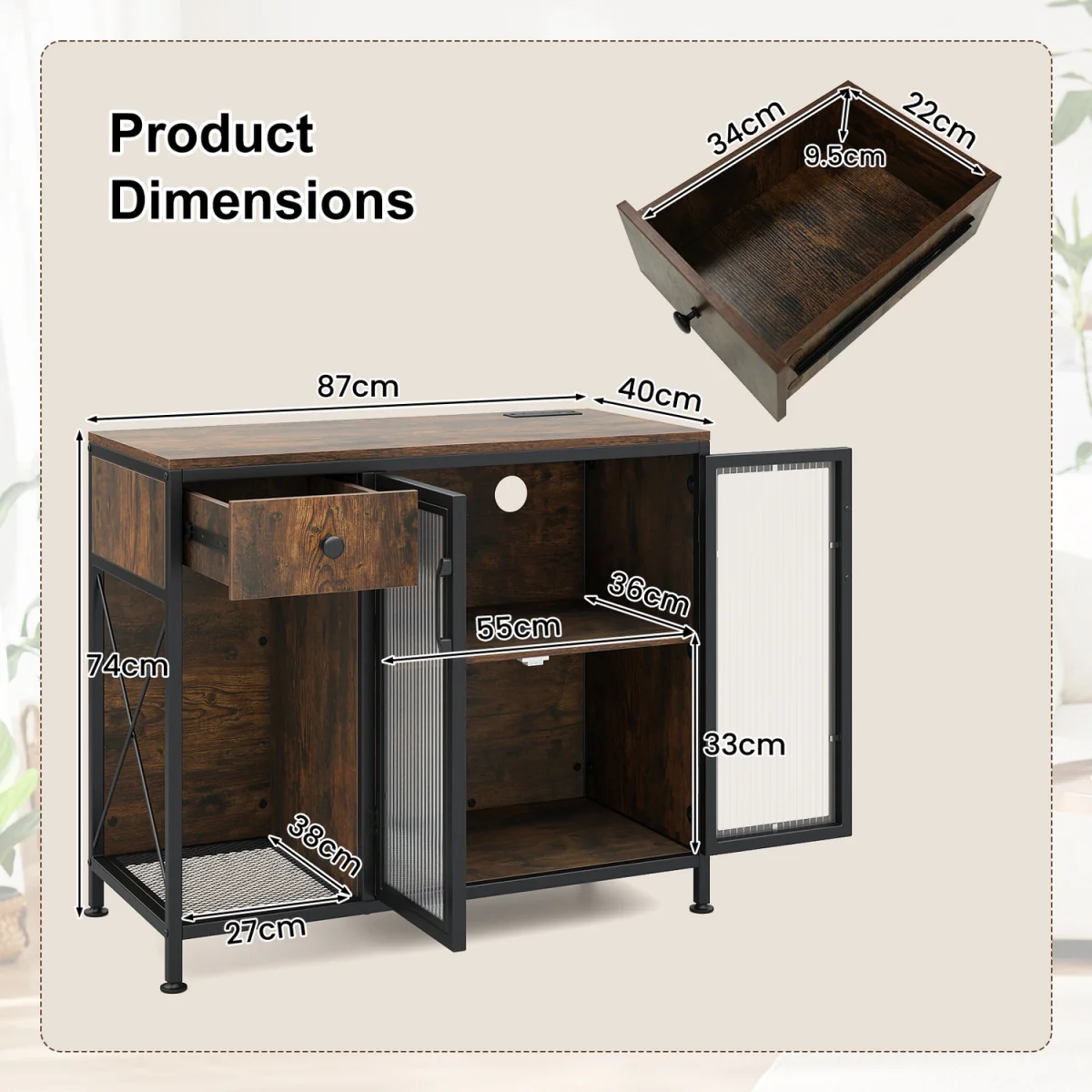 LED Power Socket Wooden Buffet Sideboard - Brown – image 3