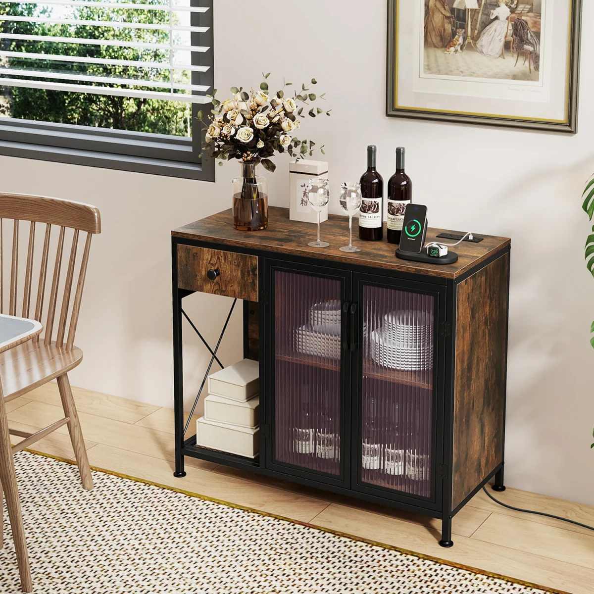 LED Power Socket Wooden Buffet Sideboard - Brown – image 4