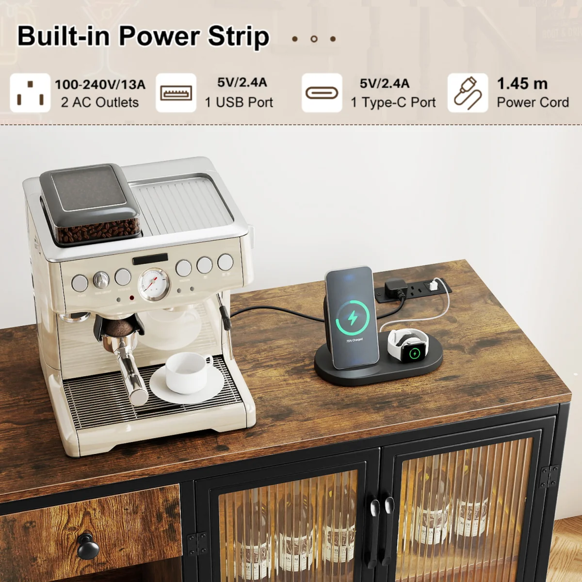 LED Power Socket Wooden Buffet Sideboard - Brown – image 5
