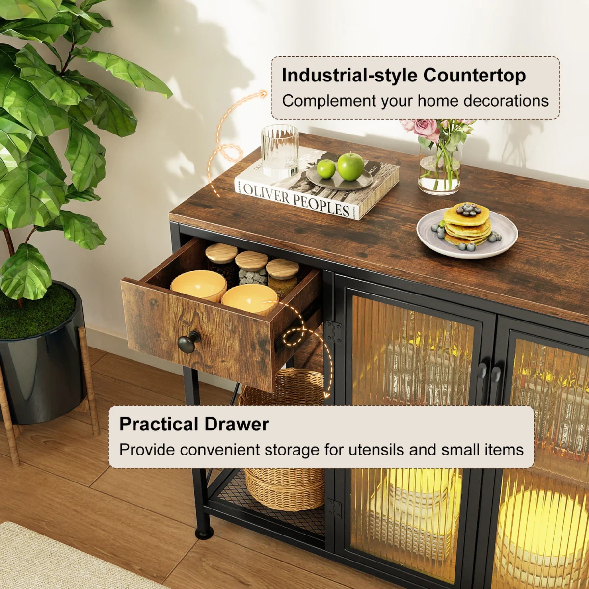 LED Power Socket Wooden Buffet Sideboard - Brown – image 7