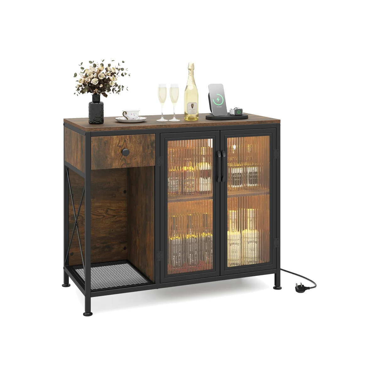 LED Power Socket Wooden Buffet Sideboard - Brown – image 1