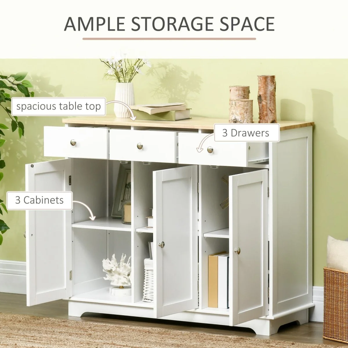 Totoro White Sideboard with Natural Rubberwood Top - 3 Doors, 3 Drawers, 3 Shelves – image 2
