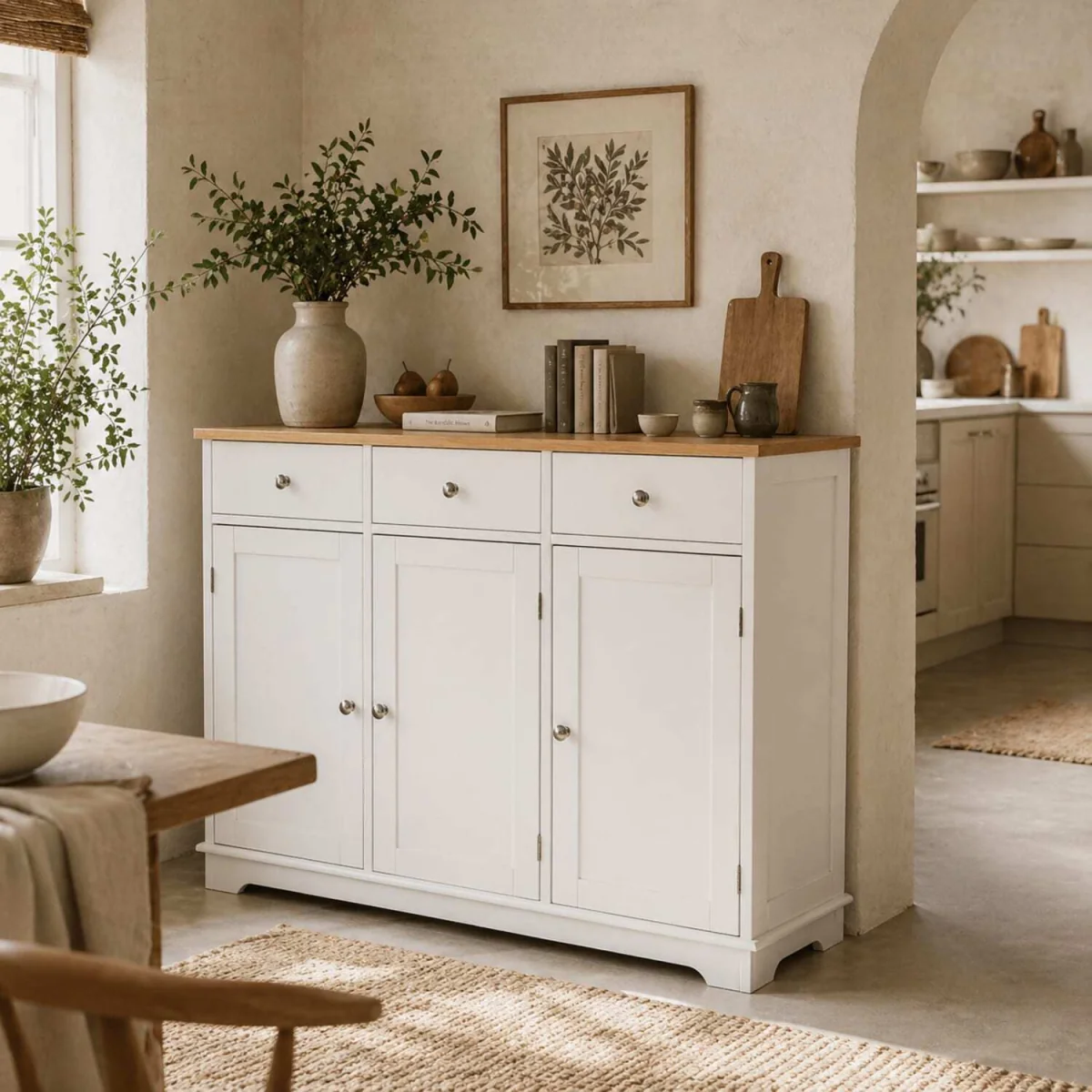 Totoro White Sideboard with Natural Rubberwood Top - 3 Doors, 3 Drawers, 3 Shelves – image 1