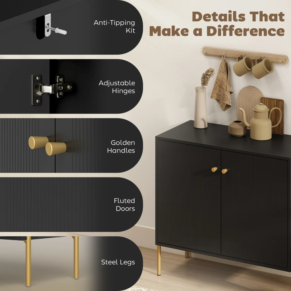 HOMCOM Modern Sideboard Buffet Cabinet with Fluted Doors - Black – image 5