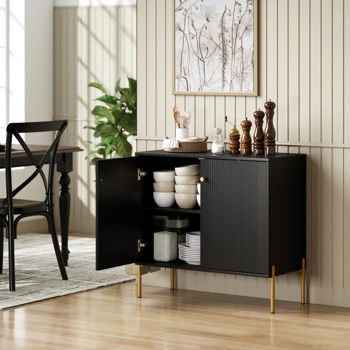HOMCOM Modern Sideboard Buffet Cabinet with Fluted Doors - Black – image 9
