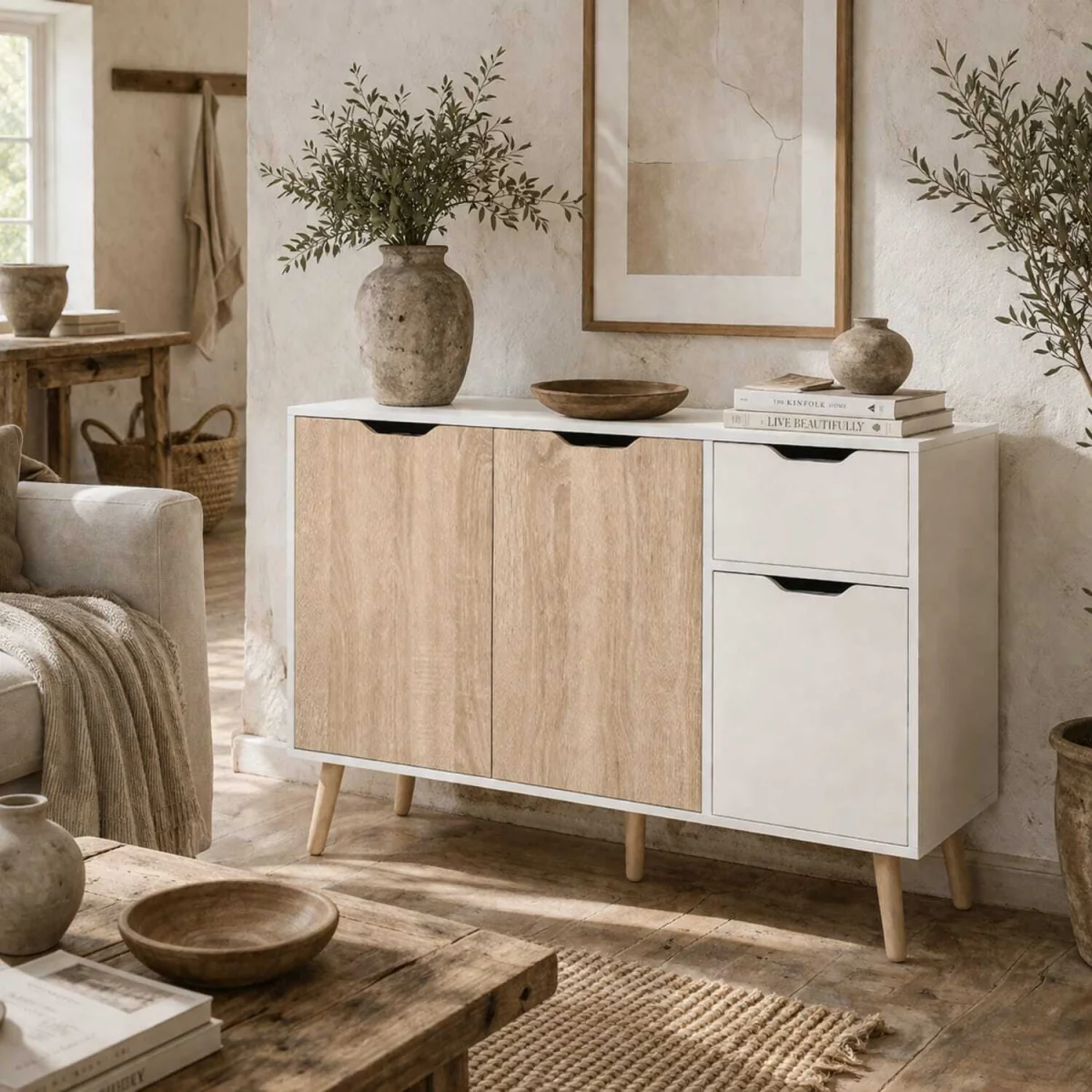 Surinam Natural Wood Sideboard - 3 Drawers, 2 Doors, 90W x 30D x 72H cm – image 3