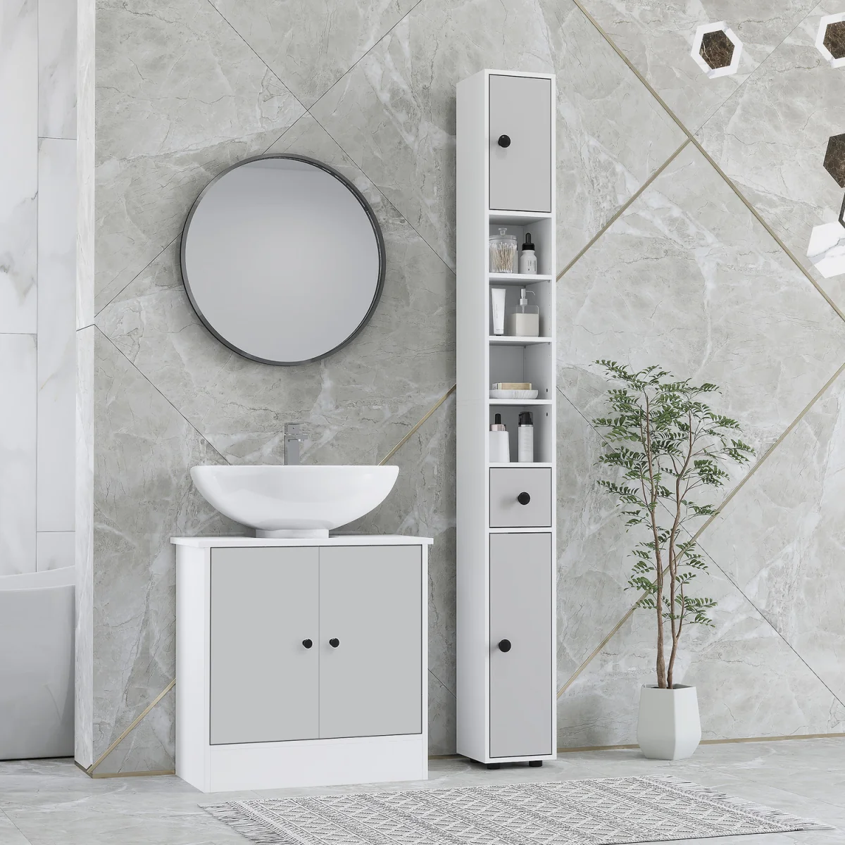 kleankin 180cm Tall Slim Bathroom Cabinet - Light Grey – image 2