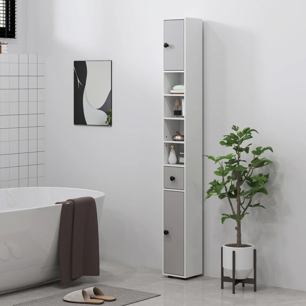 kleankin 180cm Tall Slim Bathroom Cabinet - Light Grey – image 6