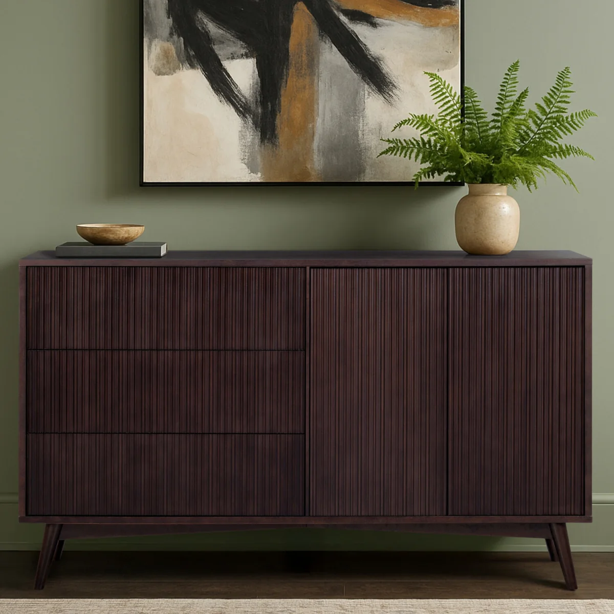 Tremolo Sideboard with 3 Drawers, 2 Doors and Fluting, Dark Brown - Black – image 3