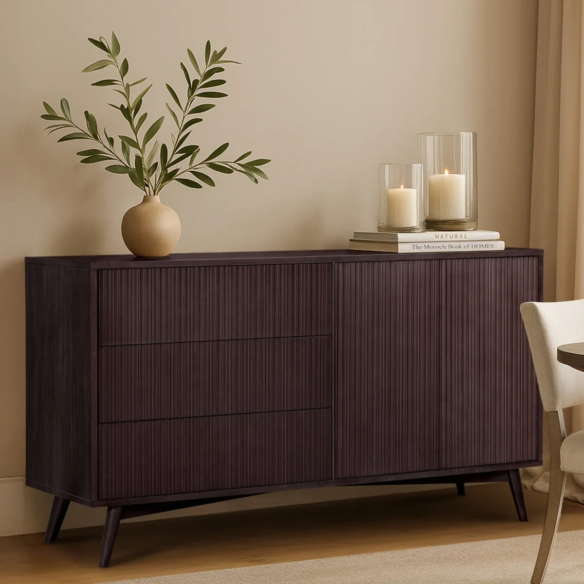 Tremolo Sideboard with 3 Drawers, 2 Doors and Fluting, Dark Brown - Black – image 5
