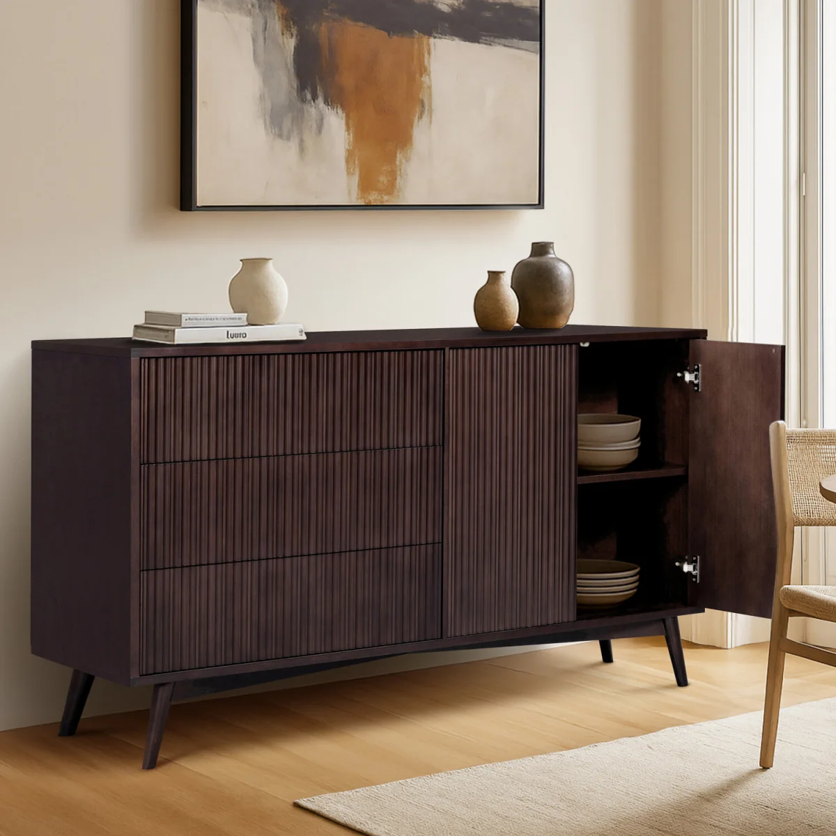 Tremolo Sideboard with 3 Drawers, 2 Doors and Fluting, Dark Brown - Black – image 6