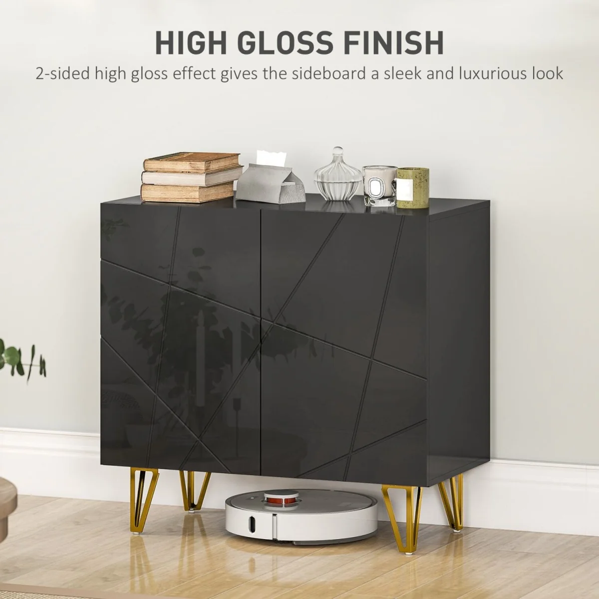 Diro High Gloss Black Geometric Pattern Sideboard, Gold Hairpin Legs – image 3