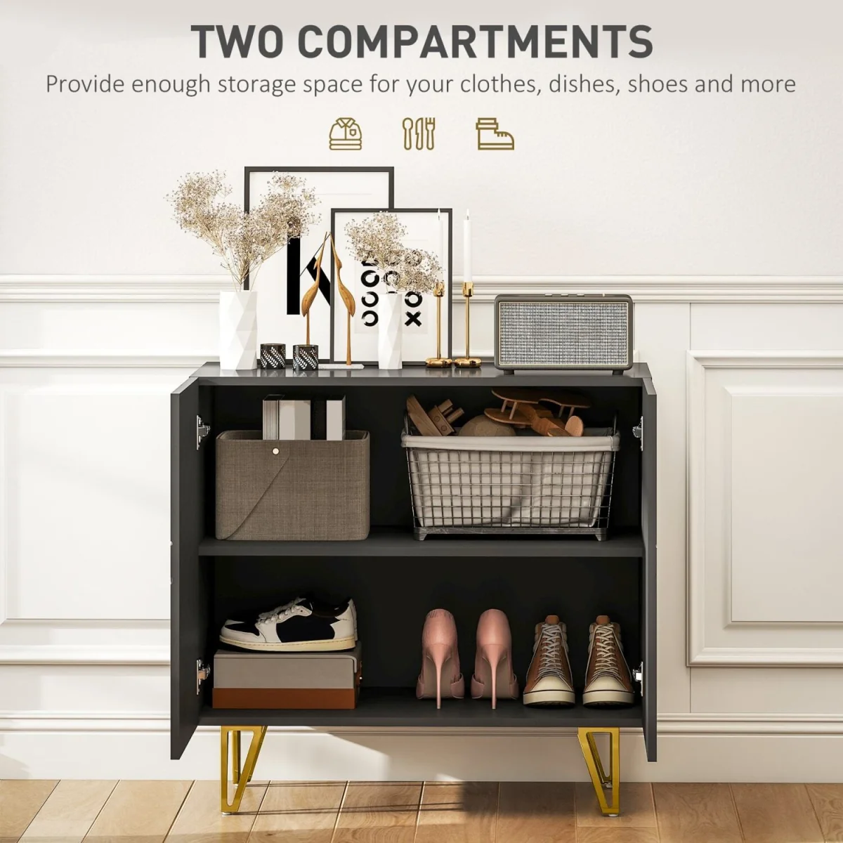 Diro High Gloss Black Geometric Pattern Sideboard, Gold Hairpin Legs – image 4